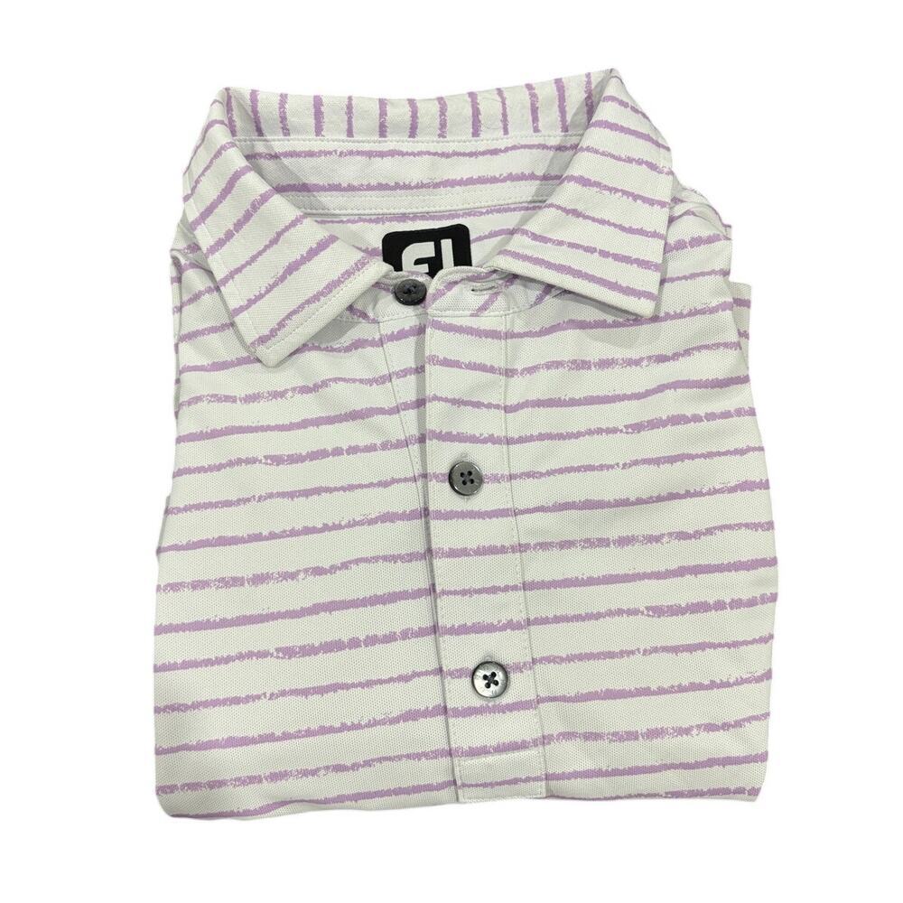FootJoy‎ FJ White w/ Purple Tiger Stripe Short Sleeve Golf Polo Mens Size Medium